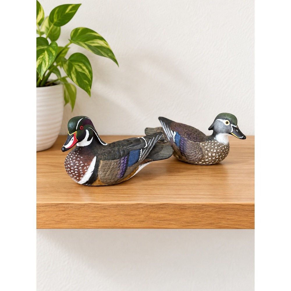 Pair Resin Wood Duck Decoys Figurines Rustic Cabin Lodge Bird Decor 6.75 Inch
